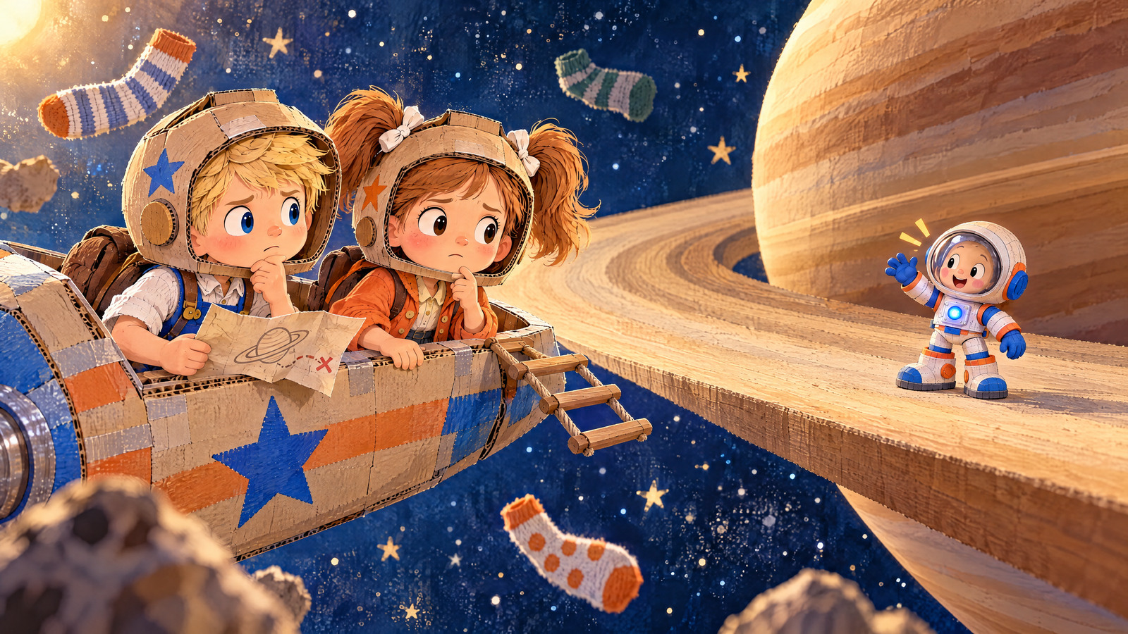 Near Saturn the astronaut blinks beyond the wooden ring; their short toy ladder visibly falls short of the crossing.