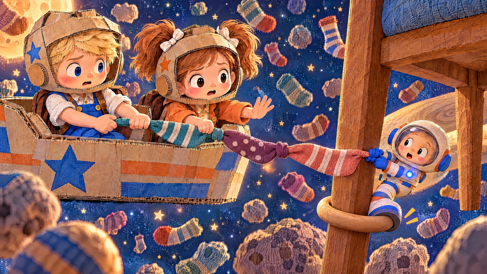Halfway along the short sock line the toy astronaut’s single large boot catches under the ring; both children stop pulling at once.