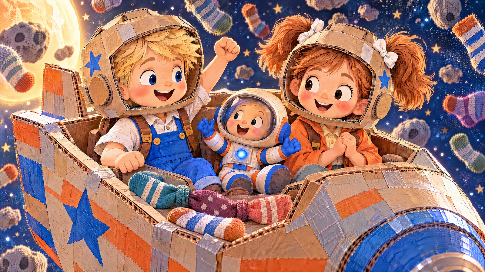 The astronaut turns sideways, its boot slips past the ring, and the little explorer arrives safely aboard beside both children.