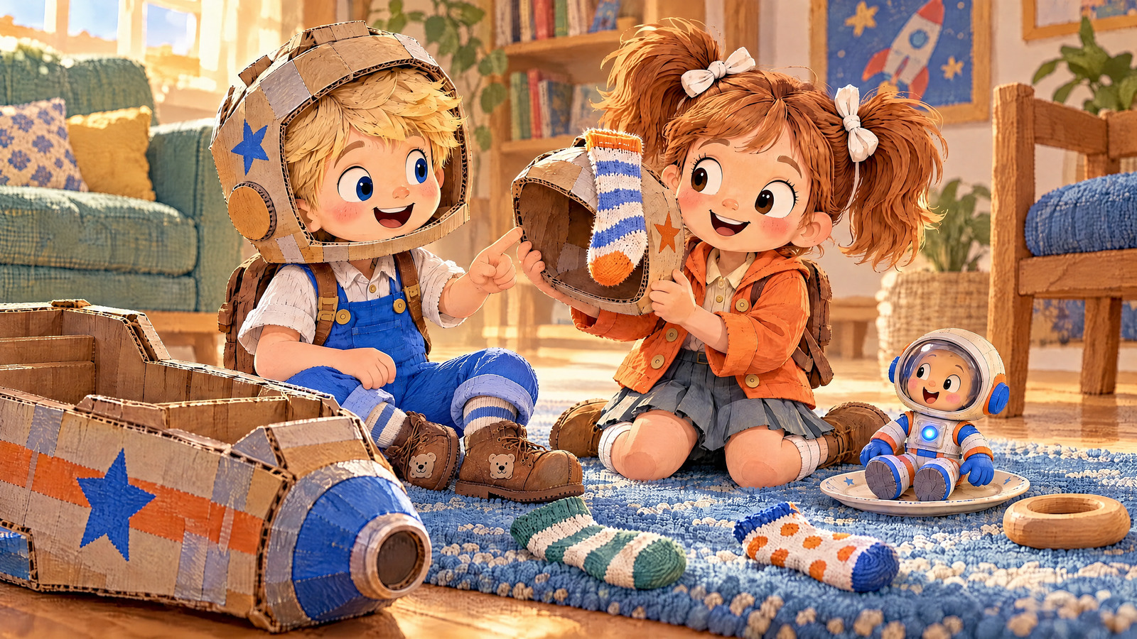 In the ordinary room Julia lifts off her cardboard helmet to discover the striped sock still clinging to it; the astronaut sits beside a tiny plate.