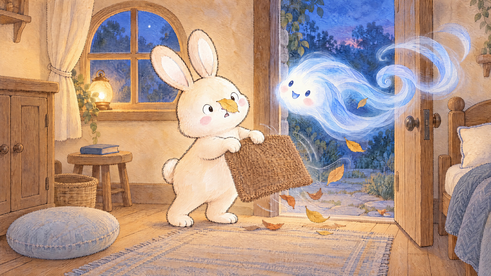 Bunny shakes doormat at open cottage door as little Wind curls from a few leaves. One yellow leaf sticks flat to Bunny nose; Bunny peers cross-eyed at it while Wind smiles in curious greeting.