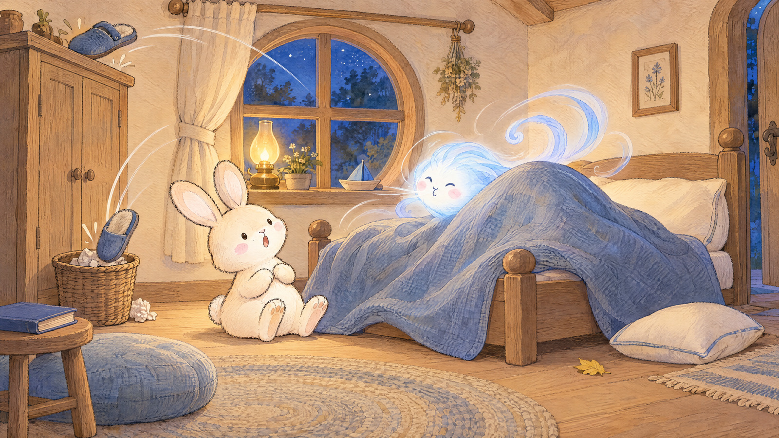 Blue-gray blanket bulges like mountain from little Wind puff beneath it; Bunny sits safely beside bed as two slippers fly from blanket end: one landing on cupboard top, other in wastepaper basket.