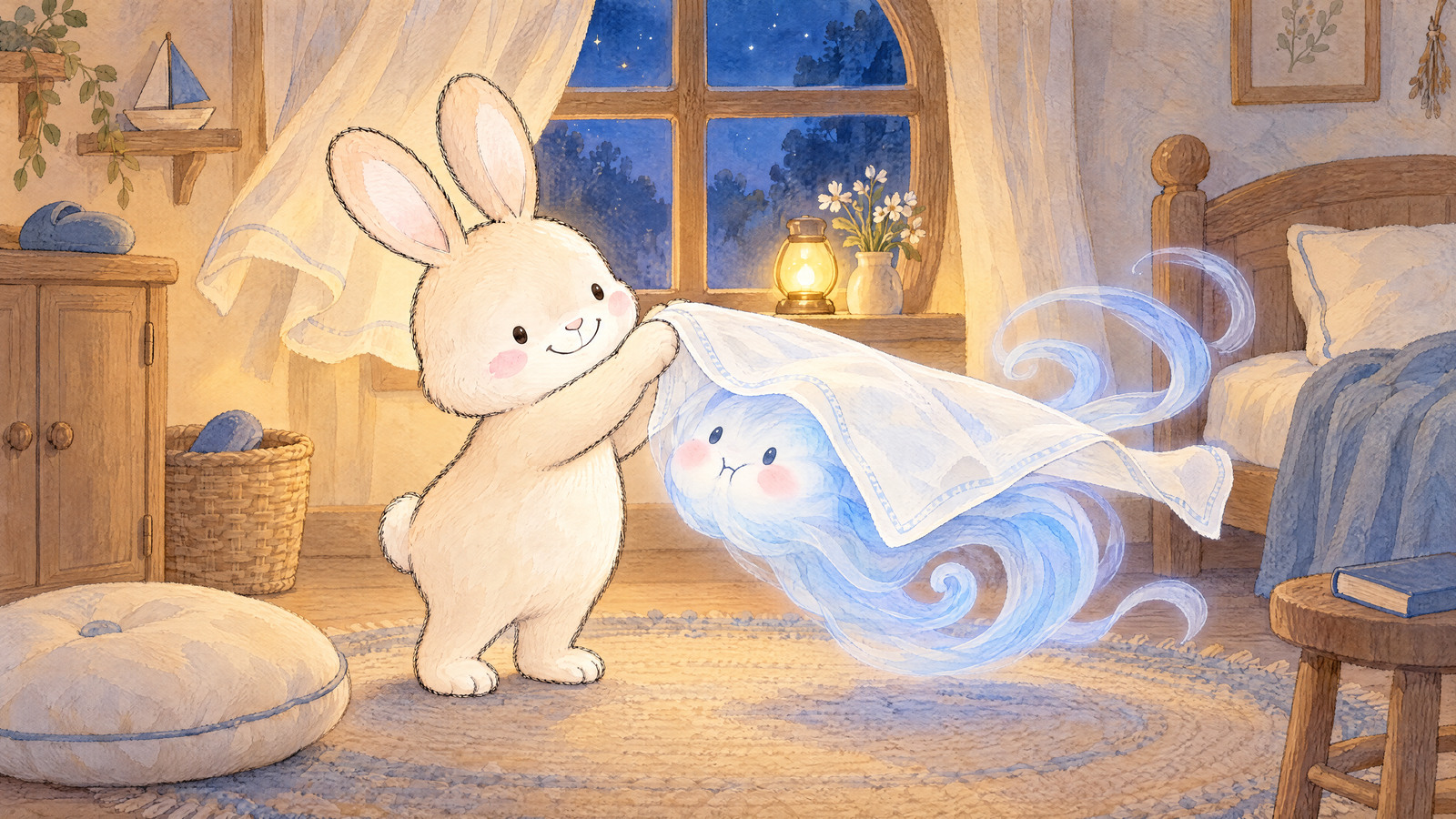 Wind holds puffed cheeks trying to be still; curtain trembles, then sneezy gust has draped one handkerchief across Wind face and Bunny head. Bunny lifts edge calmly while Wind looks sheepish beneath it.