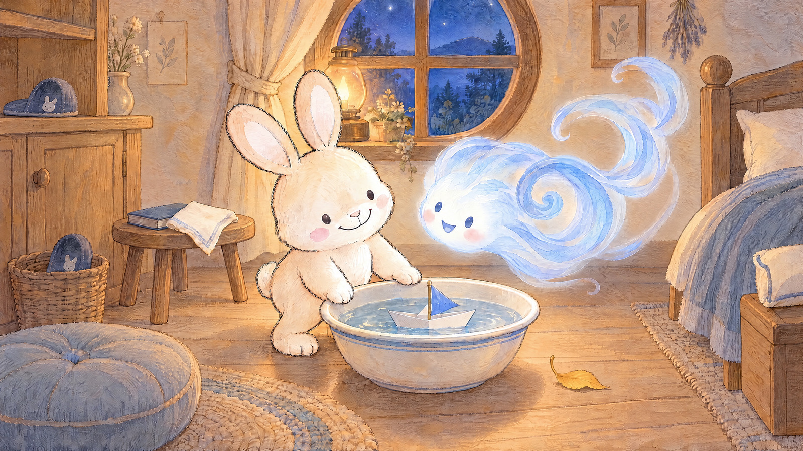 Bunny steadies a bowl of water holding a paper boat with a blue sail, while Wind watches beside the bed.