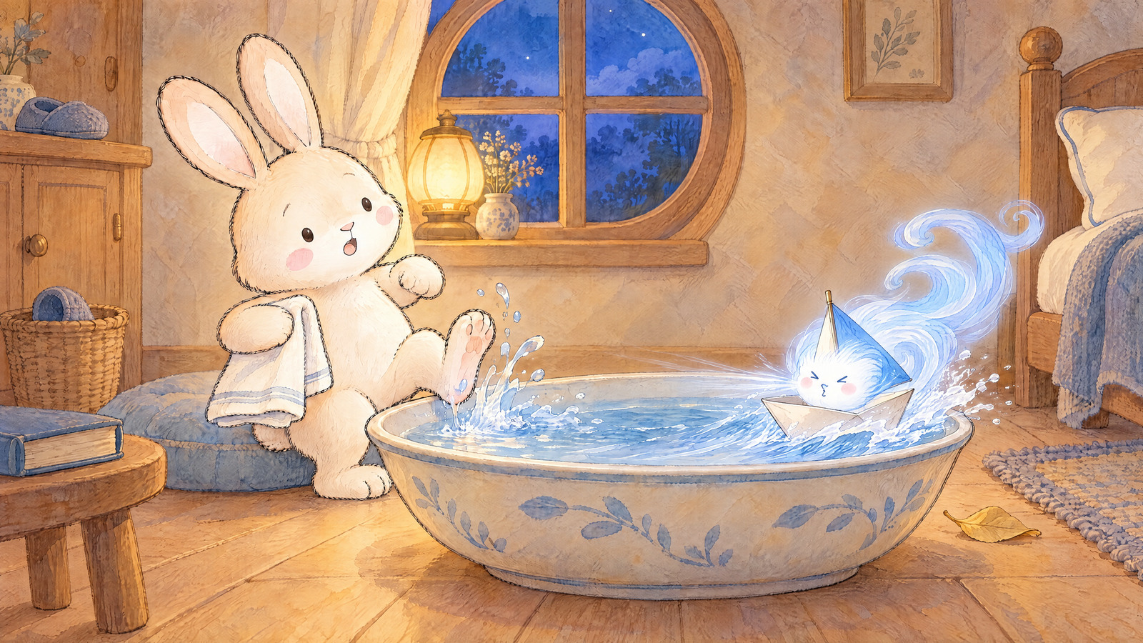 Wind blows the paper boat across the bowl, splashing Bunny's raised foot. Bunny holds a towel, and a yellow leaf rests on the floor.