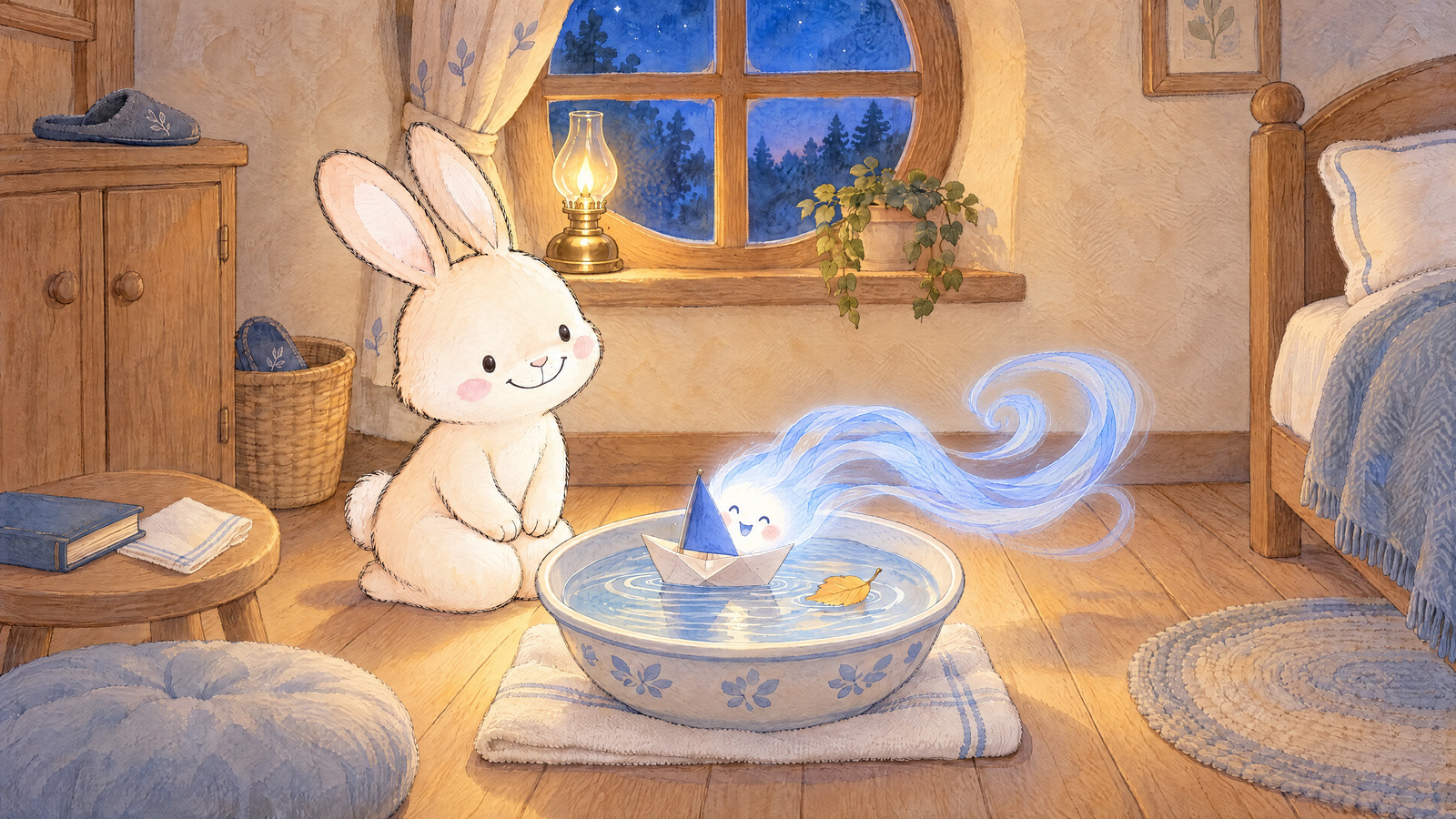 Tiny Wind puff sends boat gently across bowl without splash; Bunny kneels beside folded towel underneath, relaxed paws on knees. Same yellow leaf now floats behind as little golden passenger.