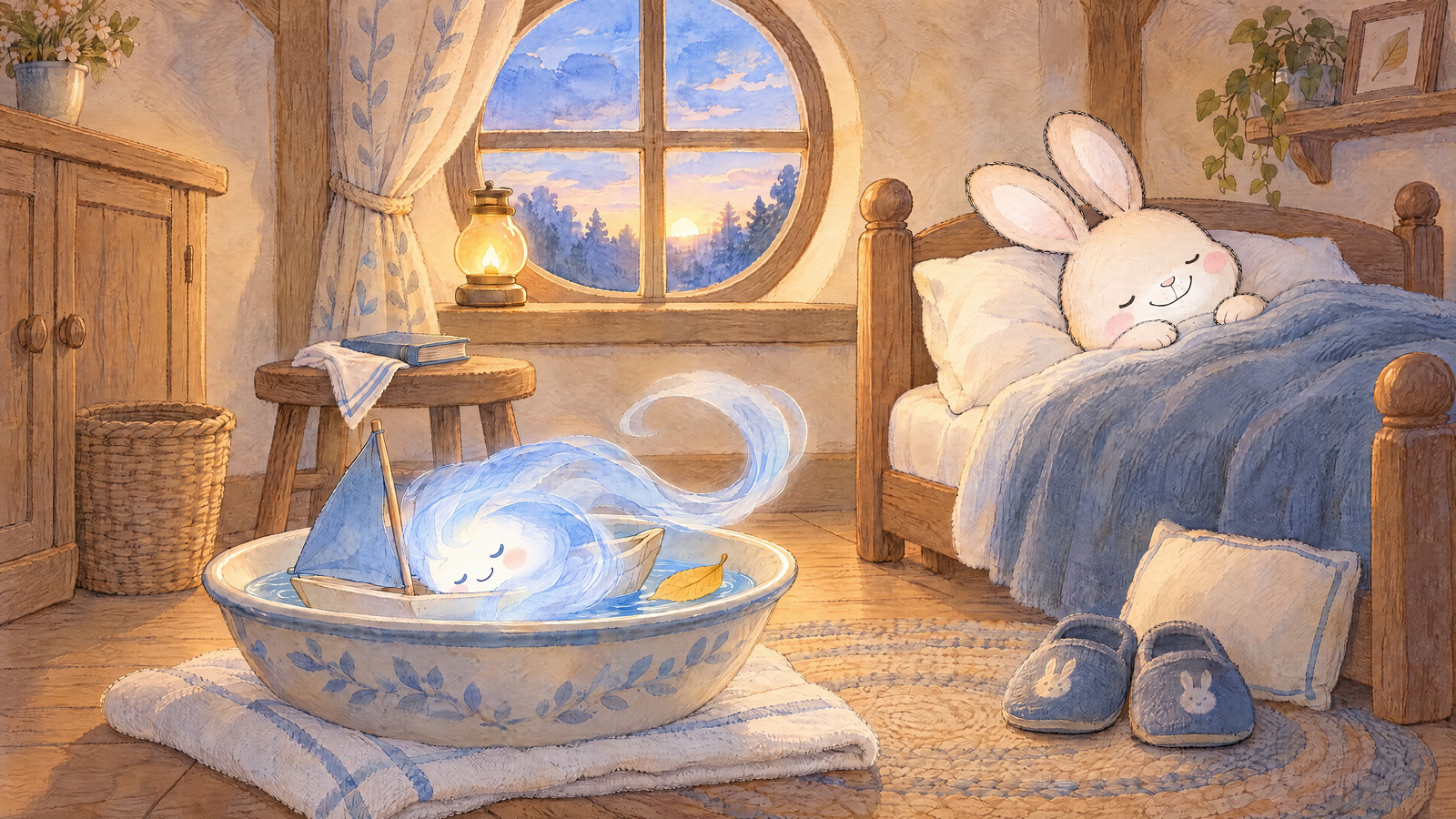Bunny sleeps under blue-gray blanket in bed, both rescued slippers paired beside bed. Little Wind sleeps curled under blue sail in bowl on towel; yellow leaf floats behind. Pale dawn at round window, one gentle wake line.